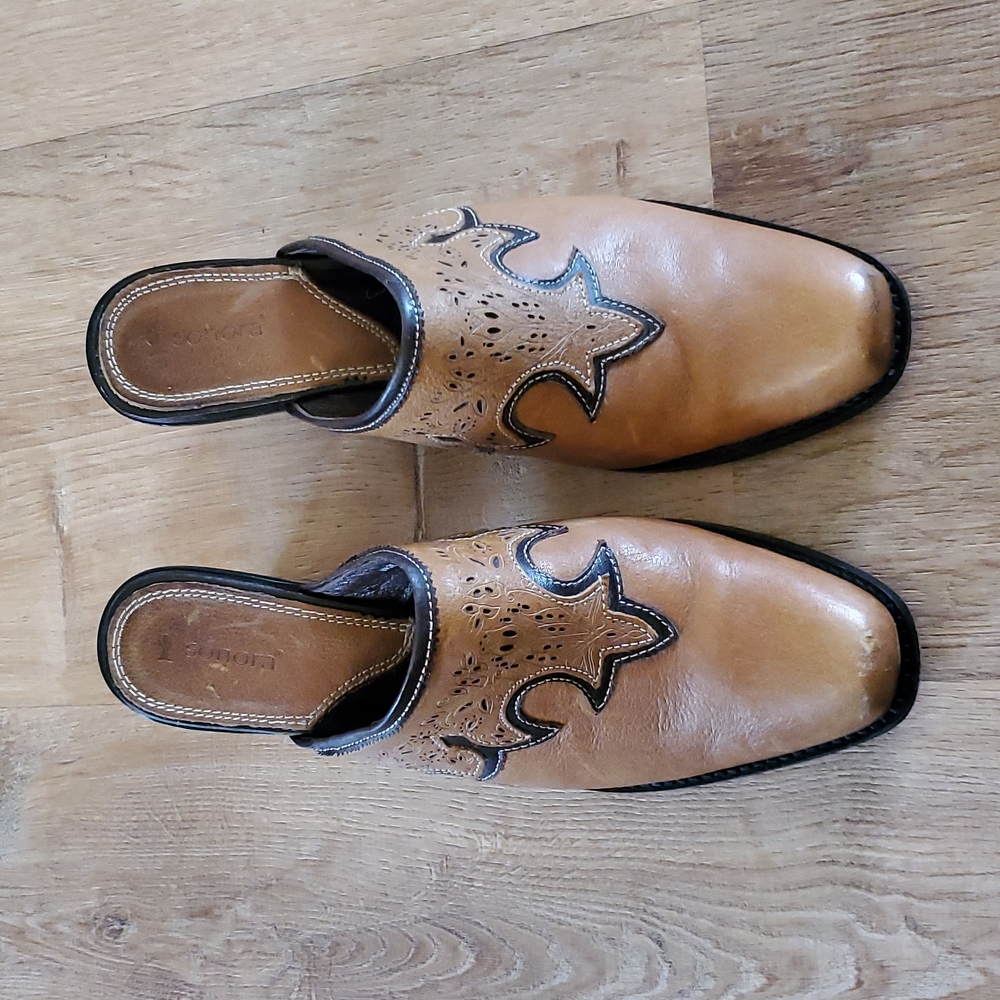 Sonora Western Genuine Leather Vera Cusio Tooled Slip On Mule Clog 7.5 Boho Tan - Picture 2 of 9